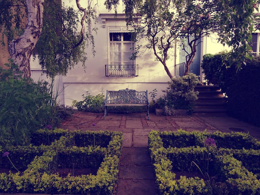 A small courtyard garden featuring a paved stone patio area with a central narrow pathway leading to a decorative metal garden bench positioned against a white exterior wall of a house. To the left, there is dense greenery including tall, leafy plants and a large, textured tree trunk with hanging branches. On the right, a small set of wooden steps ascends to an elevated section with additional shrubs and a climbing plant partially covering the side of the house. The garden beds in the foreground are outlined by neatly trimmed hedge borders, with some flowering plants adding subtle touches of color. The overall scene is illuminated by soft, natural daylight, highlighting the textures of the wet soil, leaves, and stones, creating a peaceful and well-maintained outdoor space suitable for garden maintenance and landscaping work by Gardeners Bayswater.